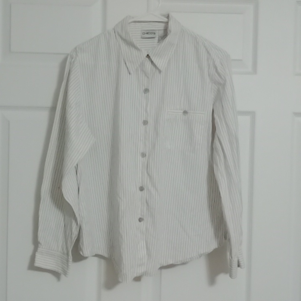 #.  Chico`s White Women's Long Sleeve Dress Shirt with Black Stripes. Size: 2